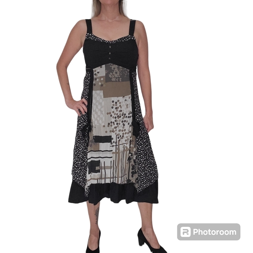 DOLCEZZA Patchwork Boho Goth Coquette Neutrals flowy Sun Dress size S